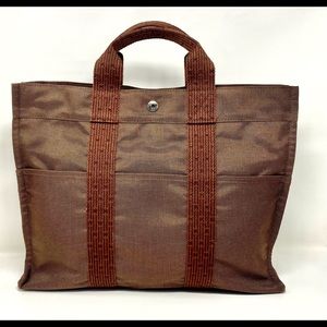 Authentic HERMES Tote MM Her Line Tote Bag Hand Bag Brown Canvas w/lock no key